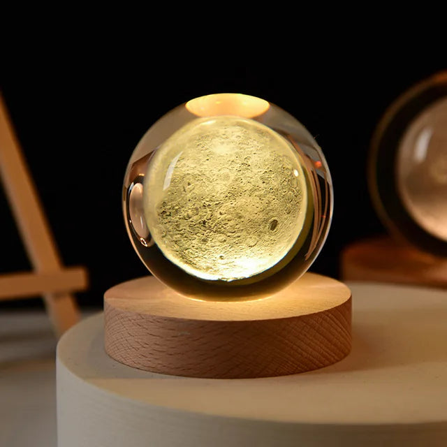 6Cm 3D Crystal Ball Glass Planet LED Warm Night Light Laser Engraved Solar System Globe Universe Birthday Gift Wooden Base